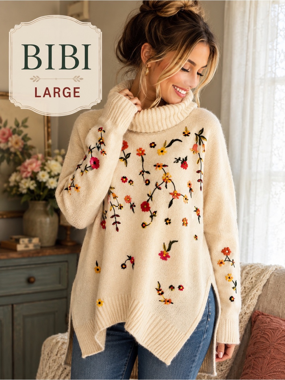 BiBi Cream Floral Embroidered Oversized Turtleneck Sweater L